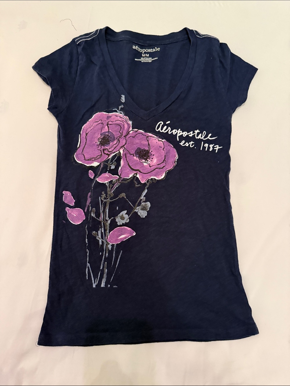 Aeropostale Navy V-Neck Tee with Pink Floral Print